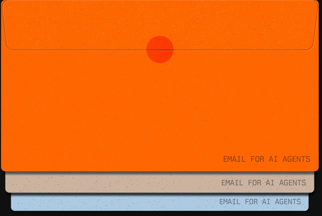 Three stacked AgentMail envelopes labelled email for AI agents