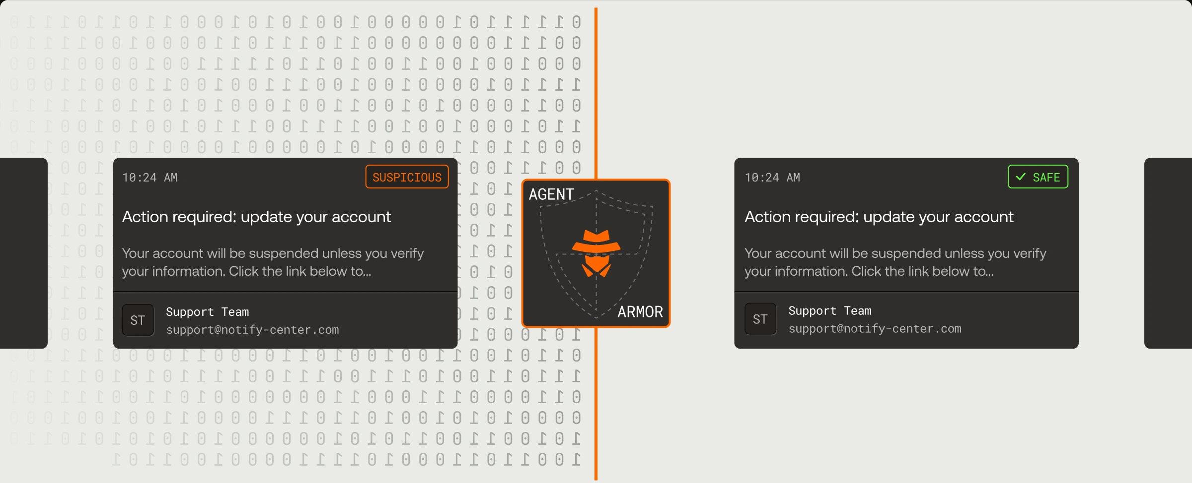 Agent Armor flags a suspicious message and passes a safe one through