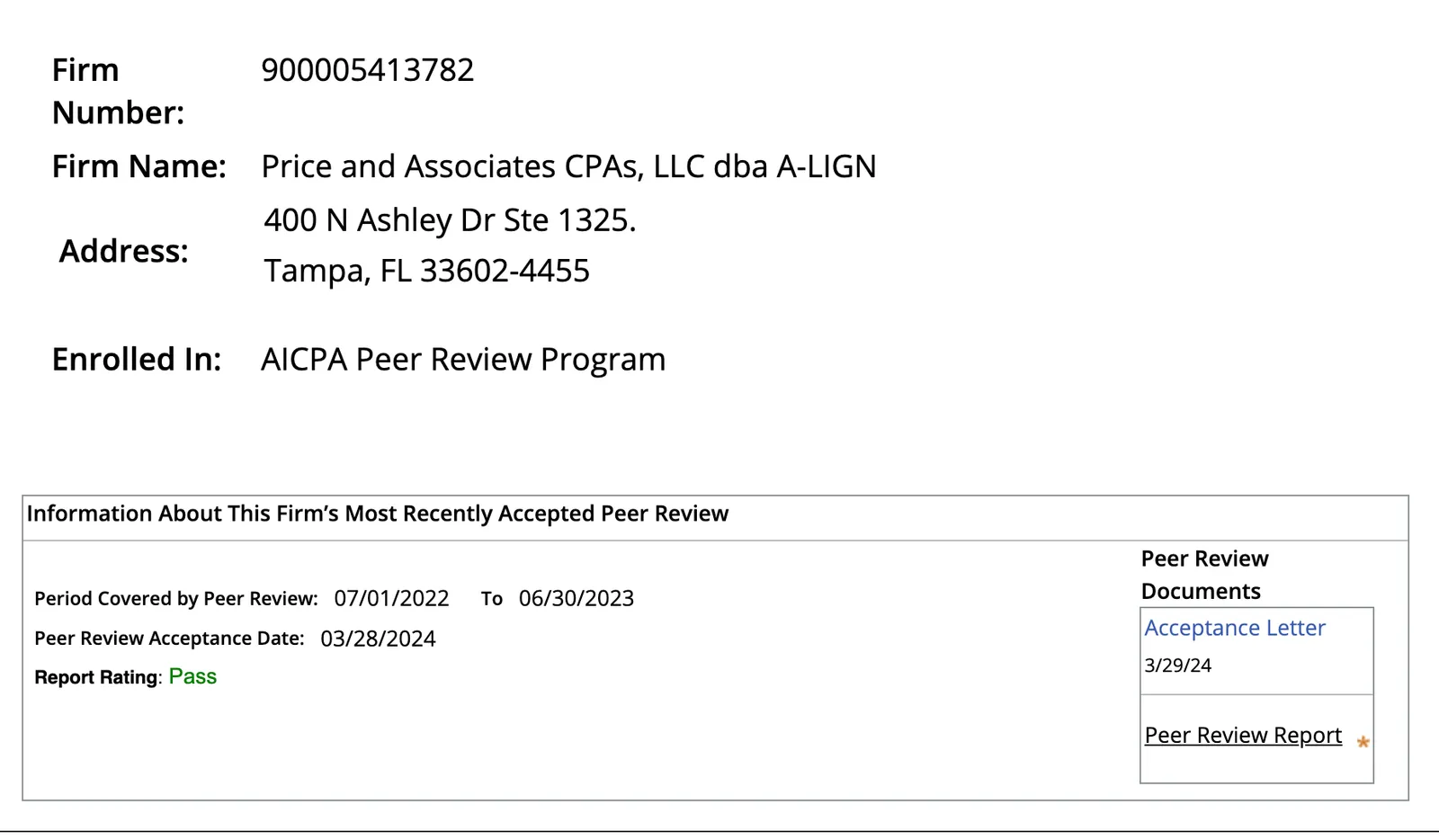 AICPA peer-review record for Price and Associates CPAs, LLC dba A-LIGN, showing a Pass rating